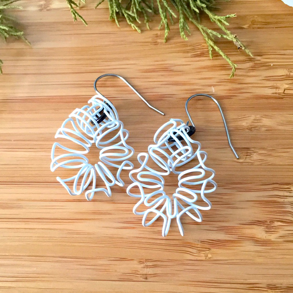 White Spiral Touch Of Black Teardrop Dangle Earrings